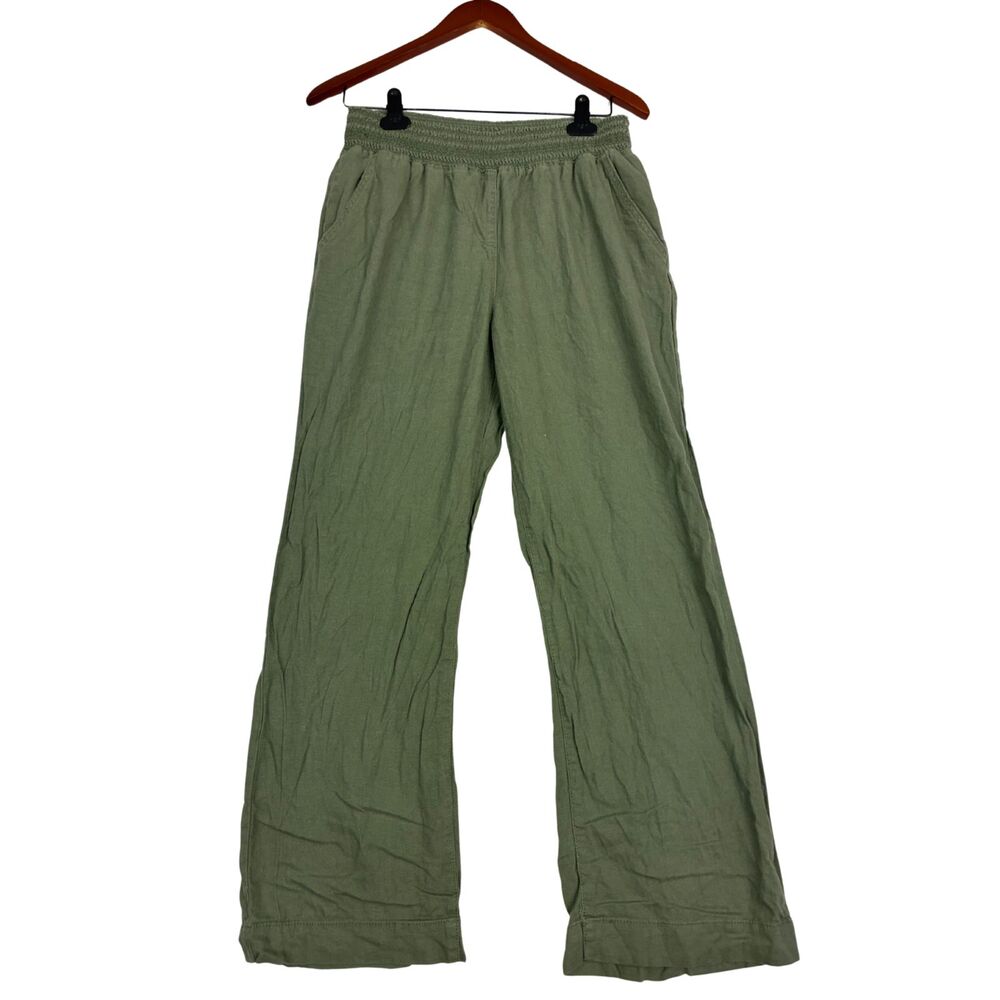 Briggs Women's Medium Olive Green Linen Blend Pull On Wide Leg Pants Elastic